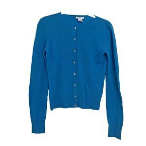 100% Cashmere Womens Medium  blue cardigan sweater crewneck long sleeve